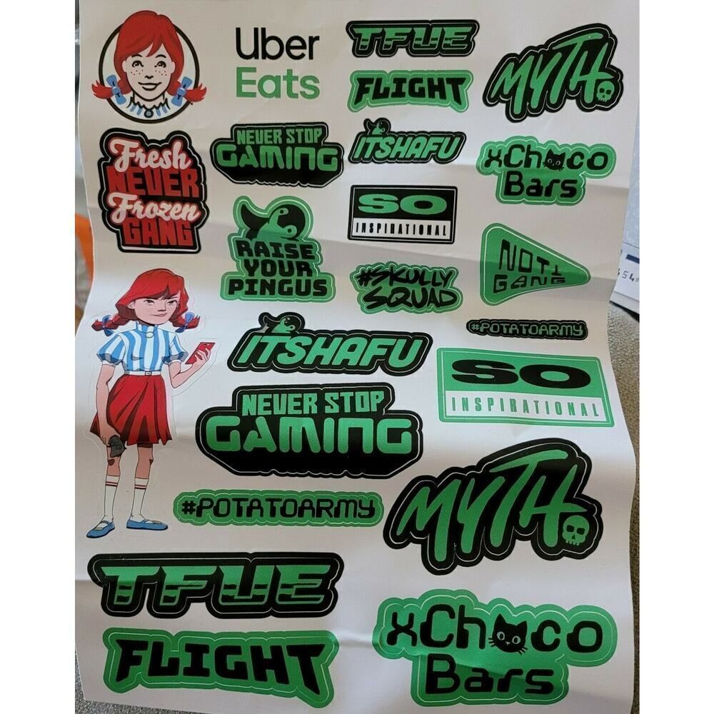 Wendy's Uber Eats Never Stop Gaming Sticker Decals, Sheet of 23